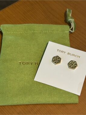 Tory Burch Gold Hexagon Logo Stud Earrings